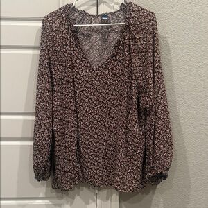 Old Navy Black and Pink Floral V-Neck Long Sleeve Blouse